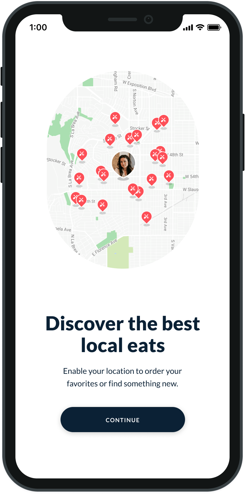 ChowNow onboarding screen two: a location toggle switches on and nearby restaurants populate
