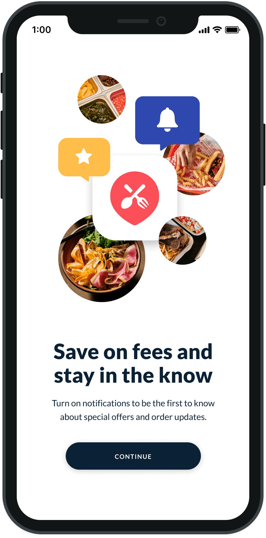 ChowNow onboarding screen three: a notification bell, food imagery, and a star in a collage