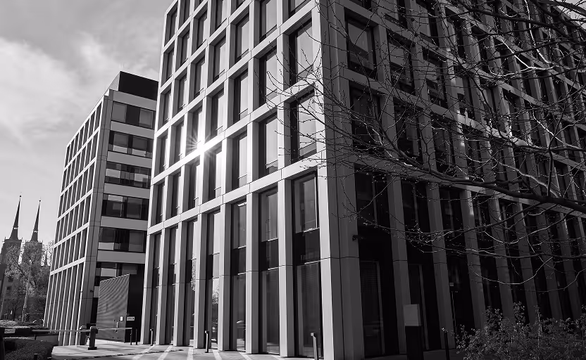 Modern office buildings with large glass windows and vertical panels in black and white, with bare tree branches in the foreground and church spires in the background.