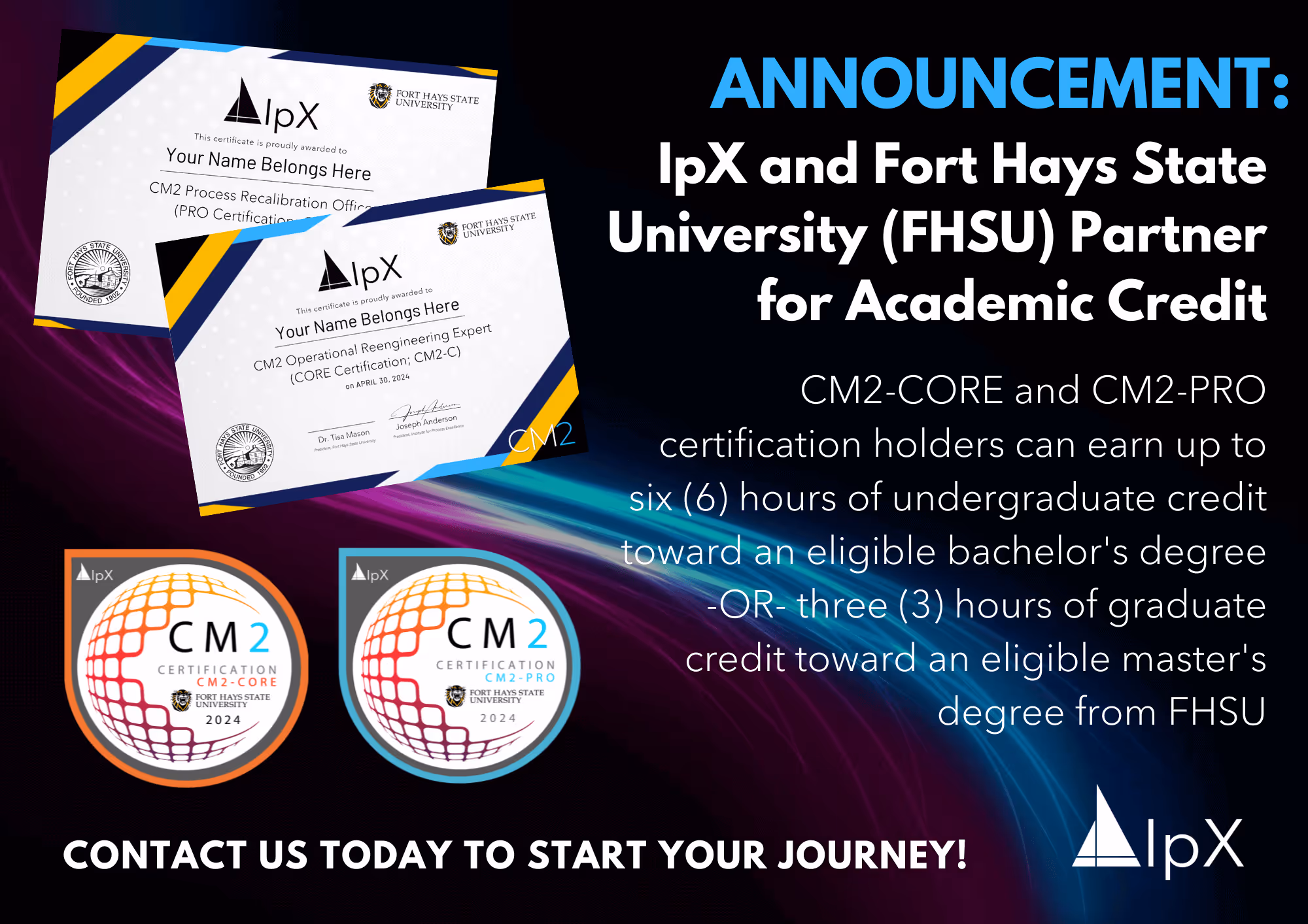 Announcement of IpX and Fort Hays State University partnership for academic credit on CM2 certification.