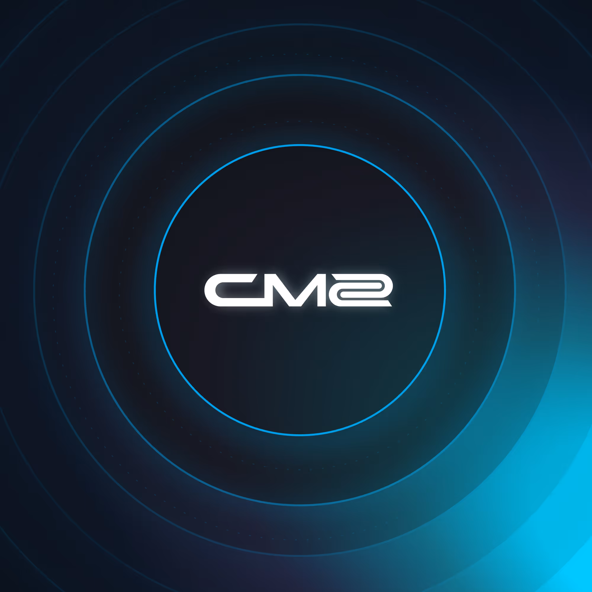 White CM2 logo centered on dark blue background with glowing concentric circles around it.