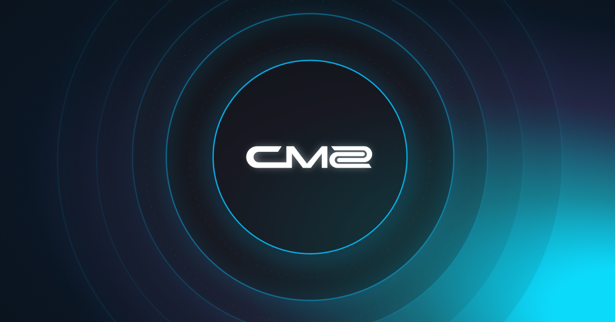 Glowing CM2 text in white centered within concentric blue circles on a dark blue background.