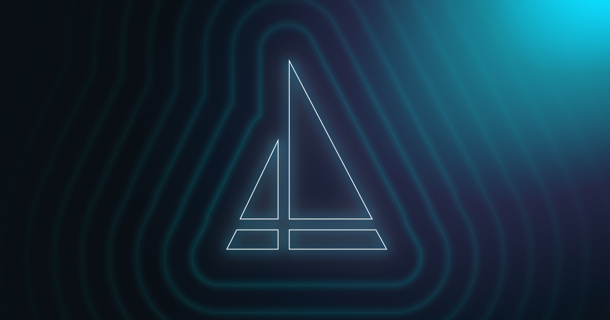 Glowing white geometric sailboat shape on a dark background with blue gradient and concentric lines.