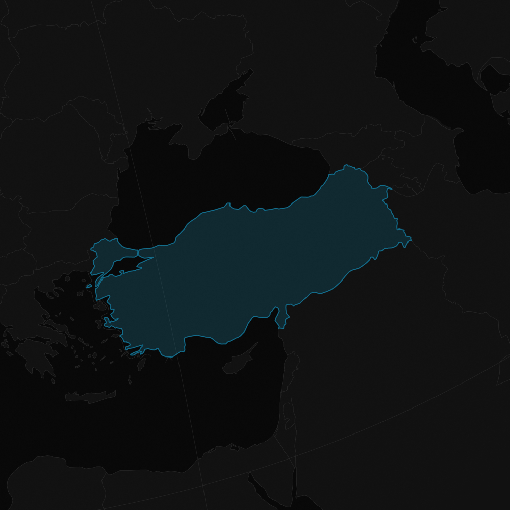 Dark map highlighting the outline of Turkey in blue among surrounding countries.