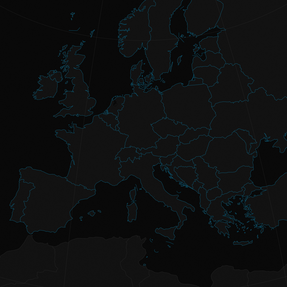 Dark map of Europe showing country borders with thin blue lines on a black background.