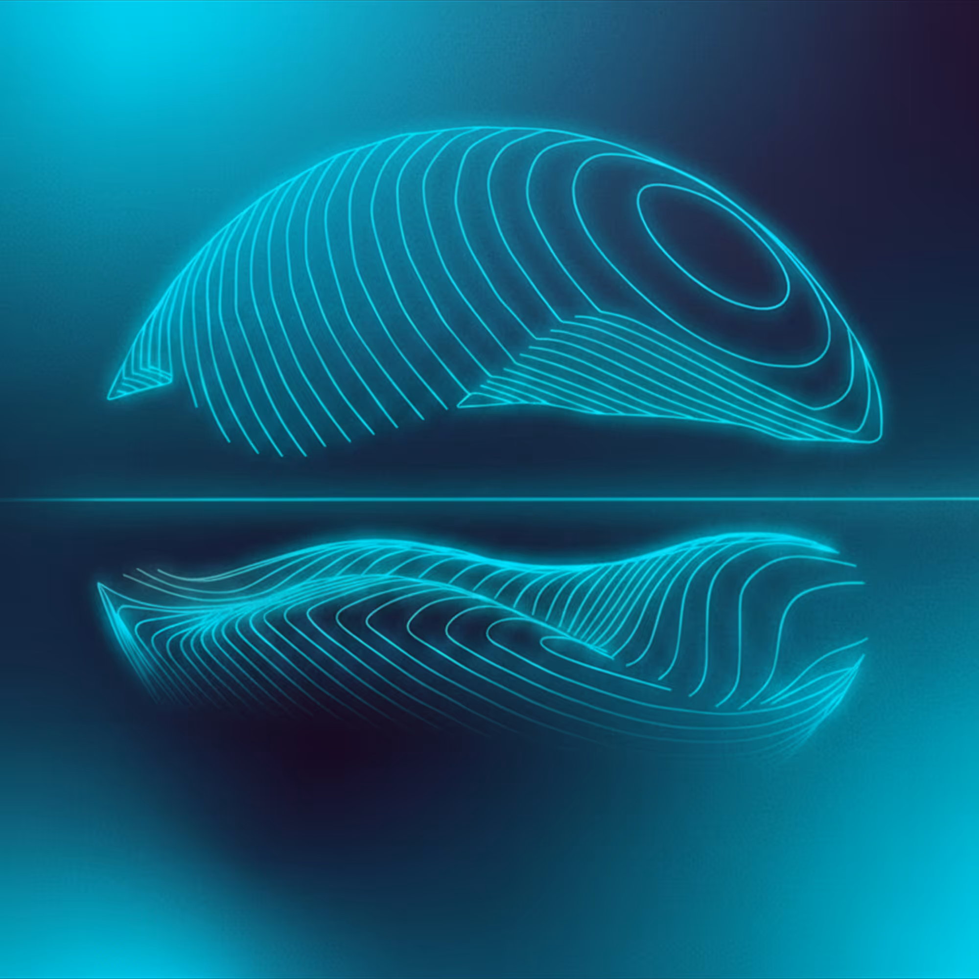 Glowing blue neon abstract wave shape mirrored on a dark reflective surface.