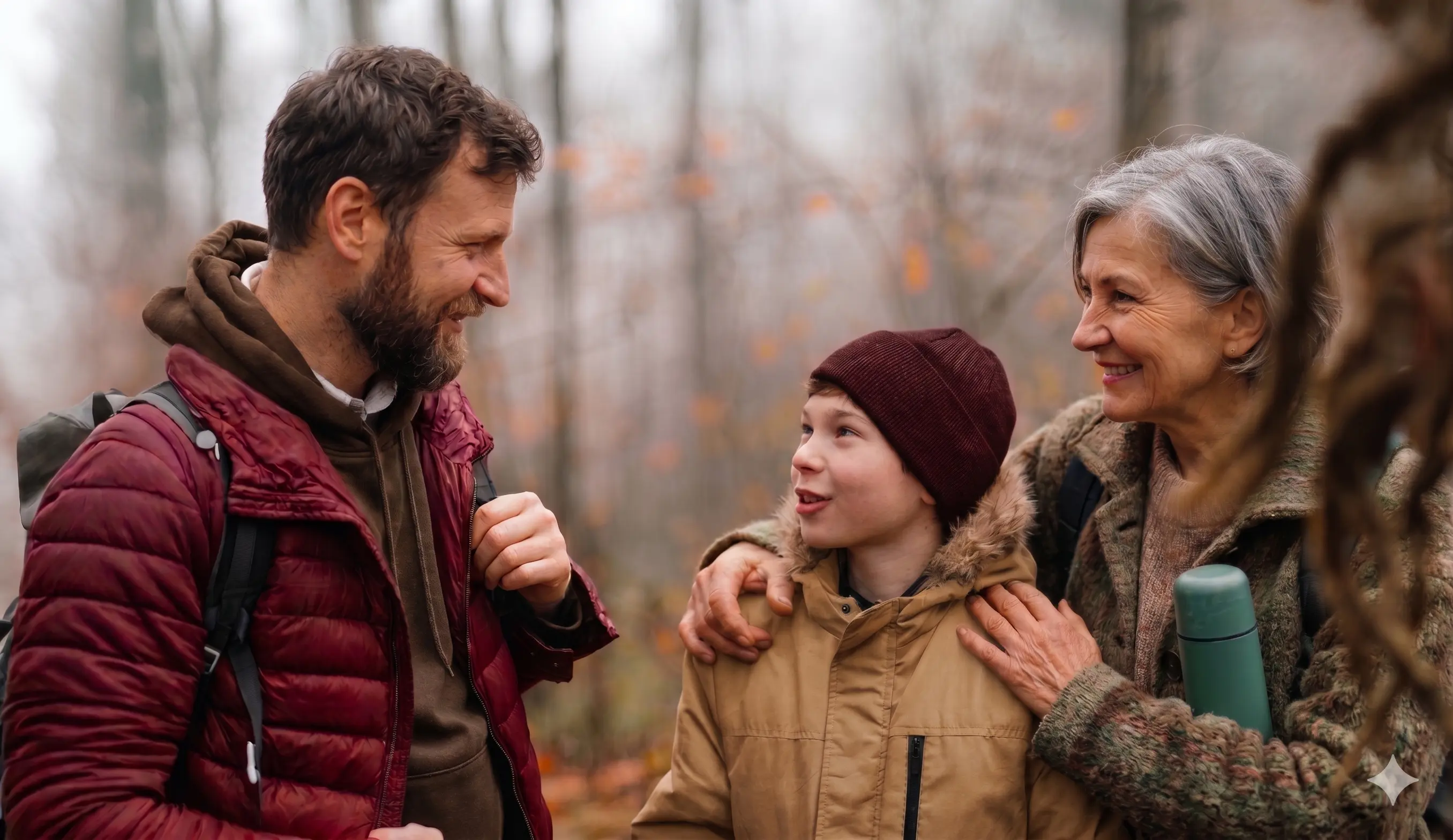 Un homme, un garçon et une femme âgée sourient et discutent lors d'une promenade en forêt d'automne.