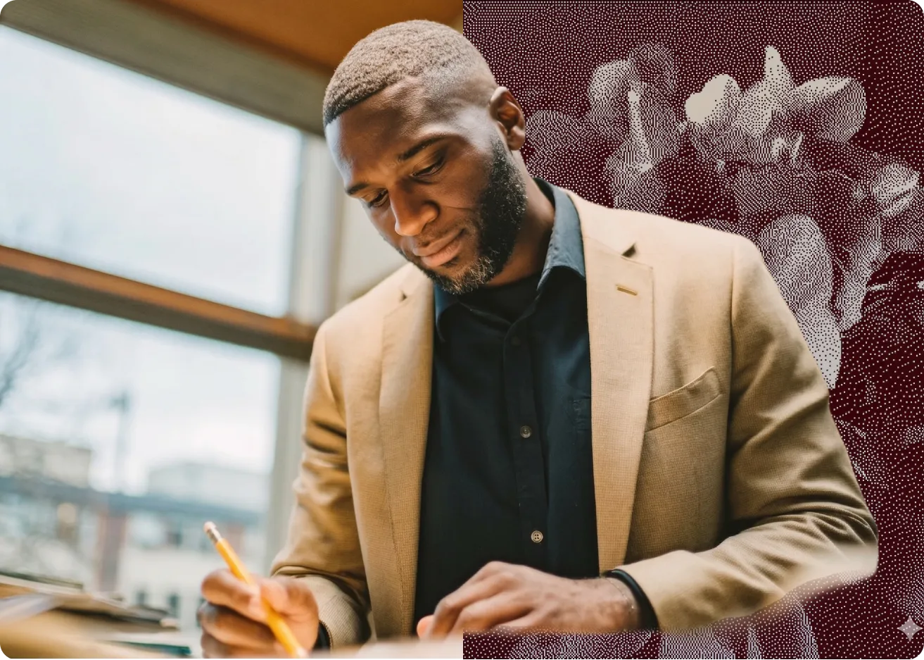 Homme concentré écrivant avec un crayon à côté d'une fenêtre lumineuse.