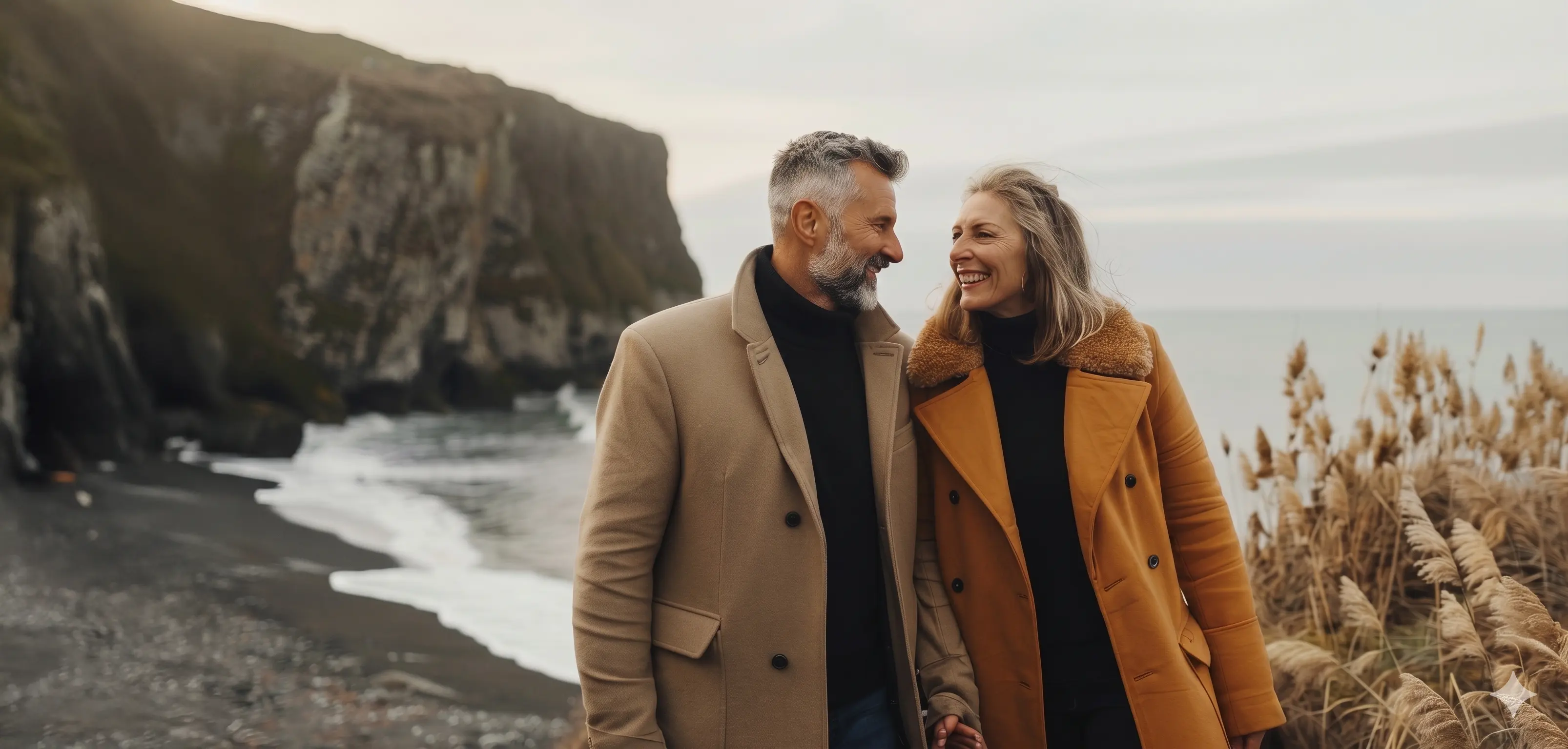 Couple souriant se tenant la main en marchant le long d’une plage au bord d’une falaise.