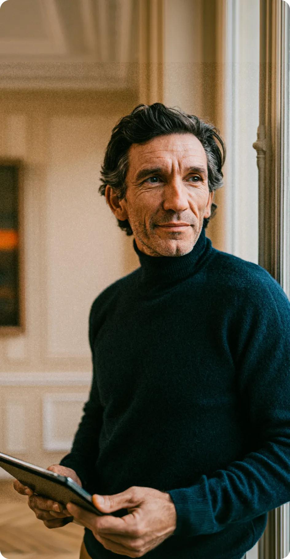 Homme mûr en pull bleu tenant une tablette et regardant par la fenêtre.
