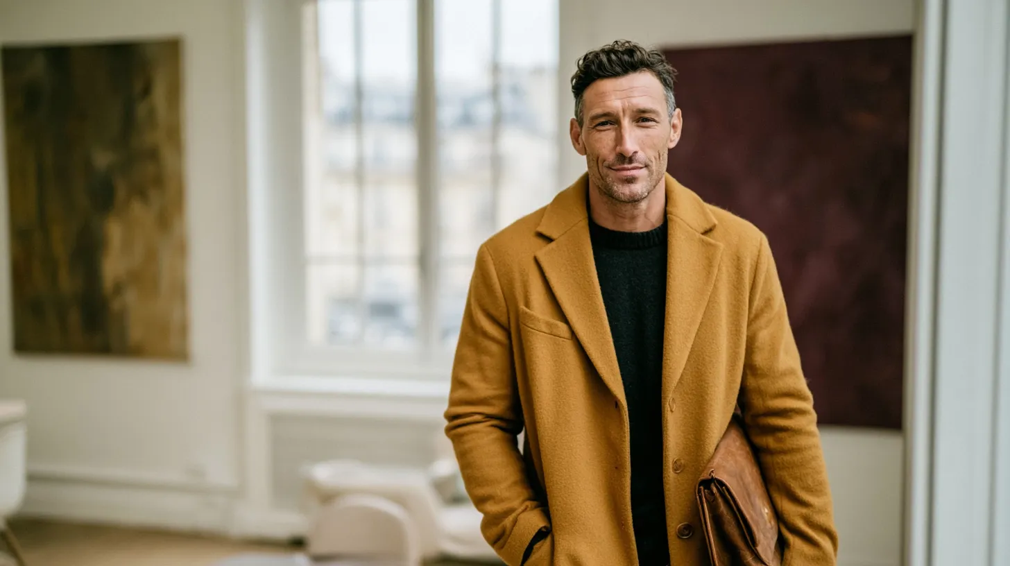 Homme portant un manteau marron clair et tenant une pochette en cuir dans un intérieur élégant.