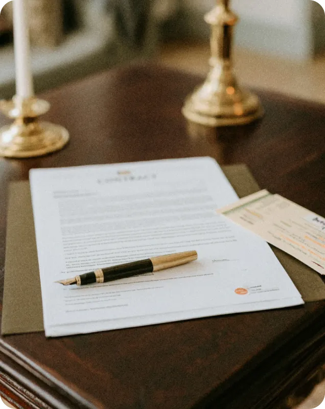 Stylo-plume posé sur un document officiel avec des billets à côté sur une table en bois.