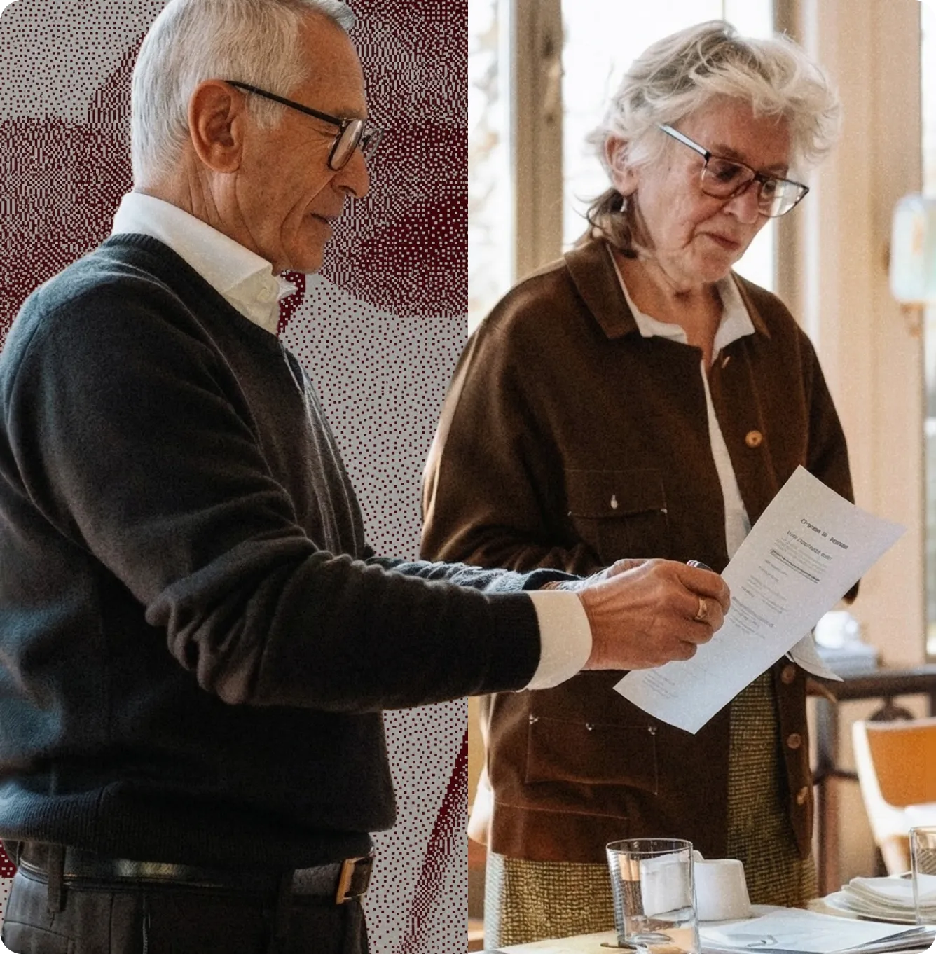 Un homme et une femme âgés lisent ensemble un document dans une salle à manger.