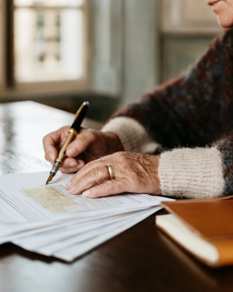 Une personne âgée signe un document à la table en portant un anneau doré à la main gauche.