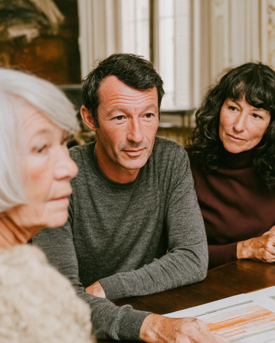 Trois adultes discutant sérieusement autour d'une table avec des documents en face d'eux.