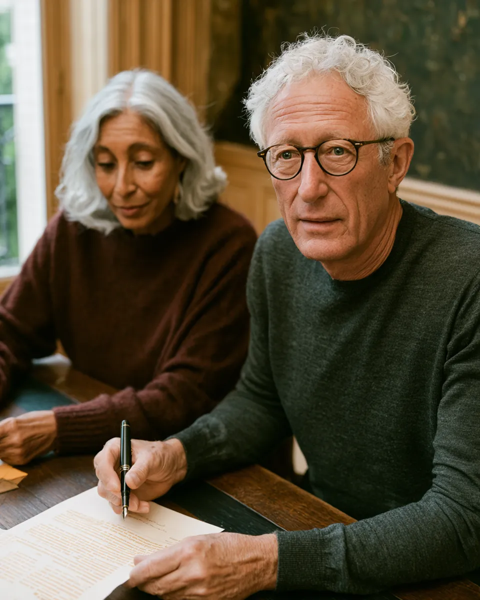 Un homme âgé aux cheveux blancs signe un document, une femme âgée est assise à côté de lui.