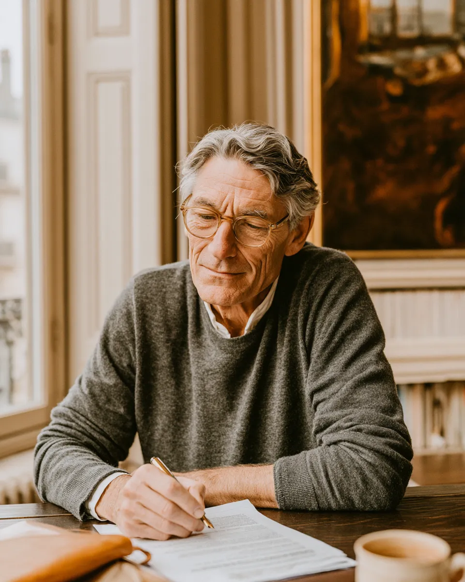 Homme âgé avec lunettes écrivant sur un document à une table en bois près d'une fenêtre.