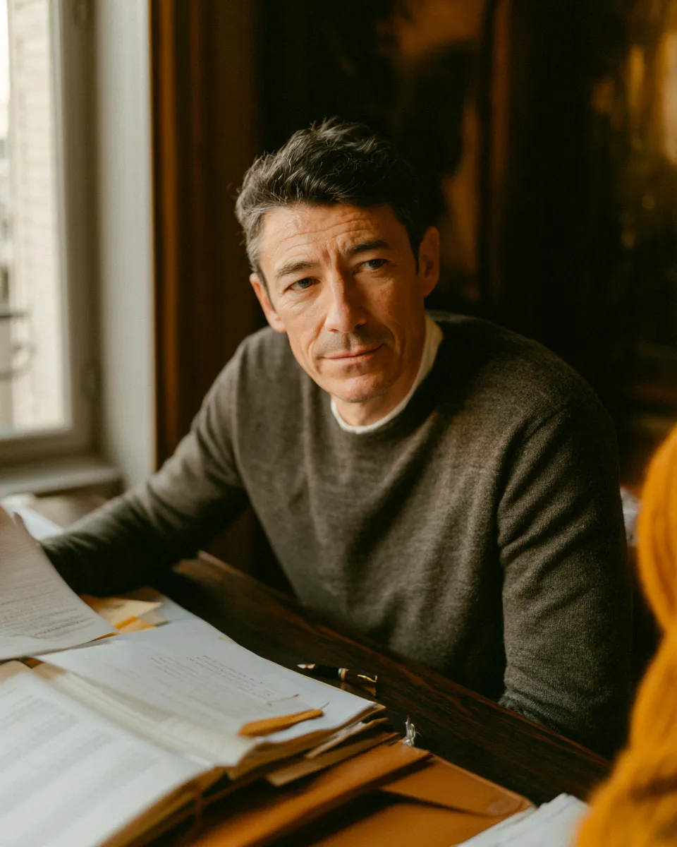 Homme avec un pull gris assis à une table, regardant une personne à côté, avec des papiers devant lui.
