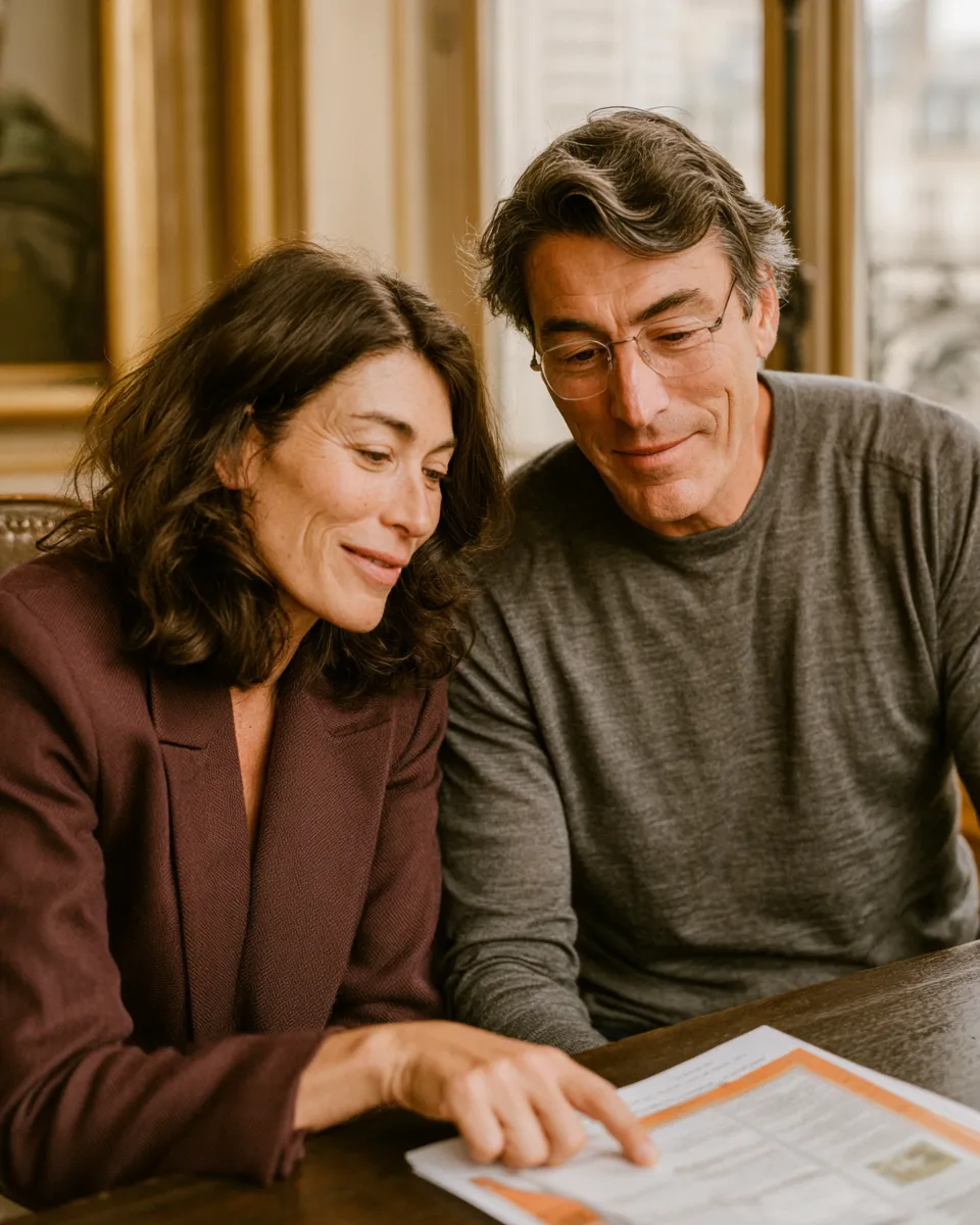 Un homme et une femme regardent et pointent un document sur une table en bois.