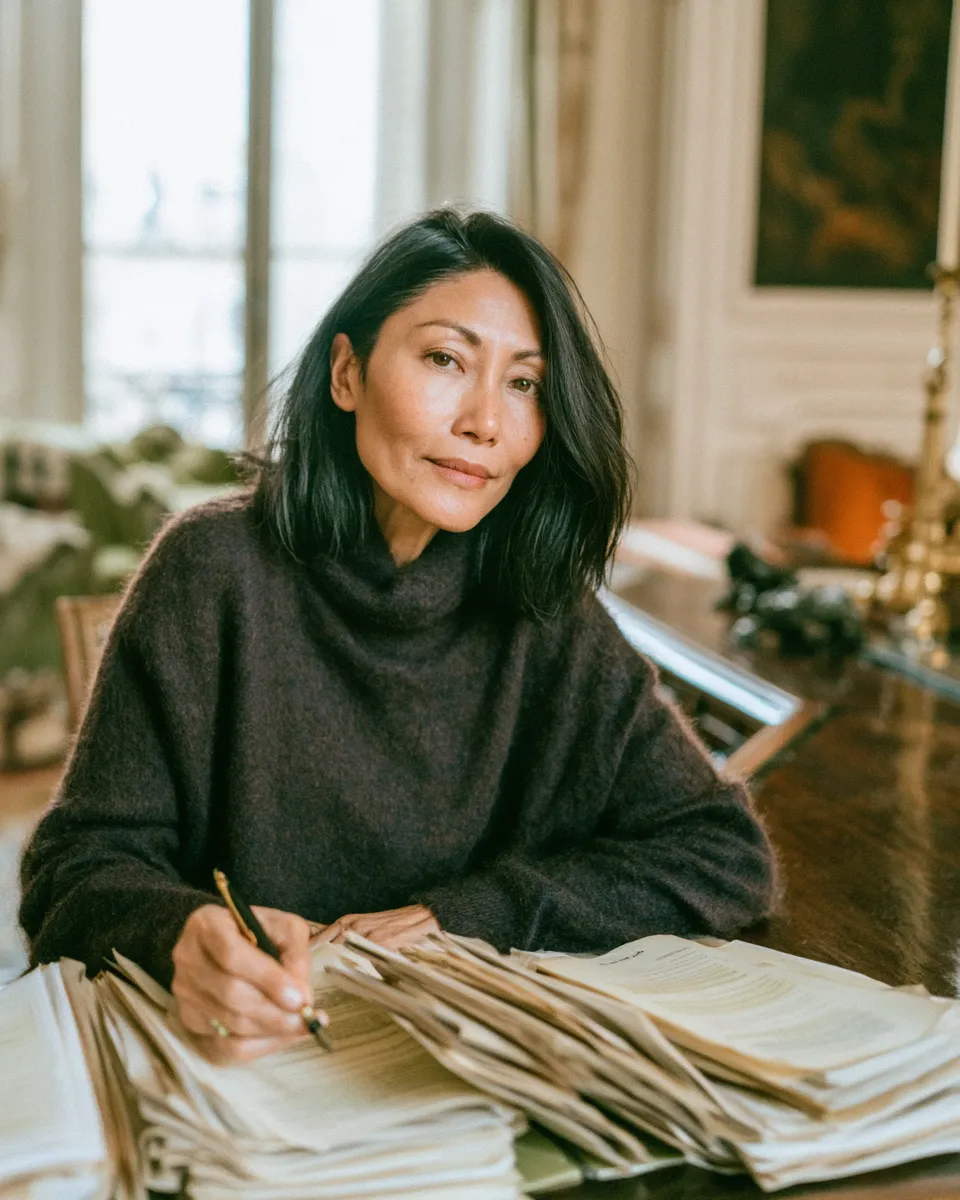 Femme asiatique signe des documents empilés sur une table en bois dans une pièce élégante.