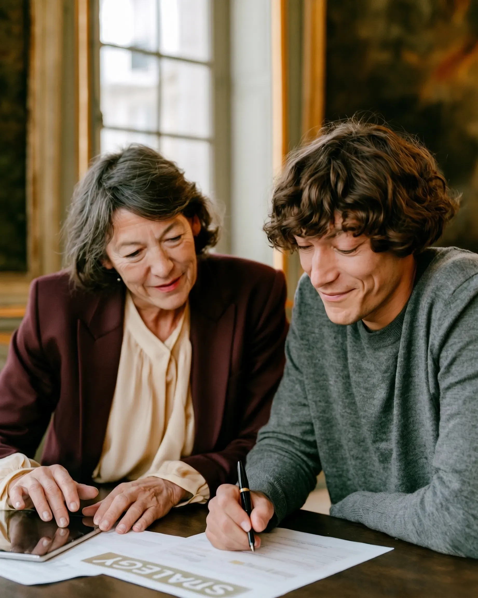 Une femme âgée et un homme signent un document de stratégie ensemble à une table.