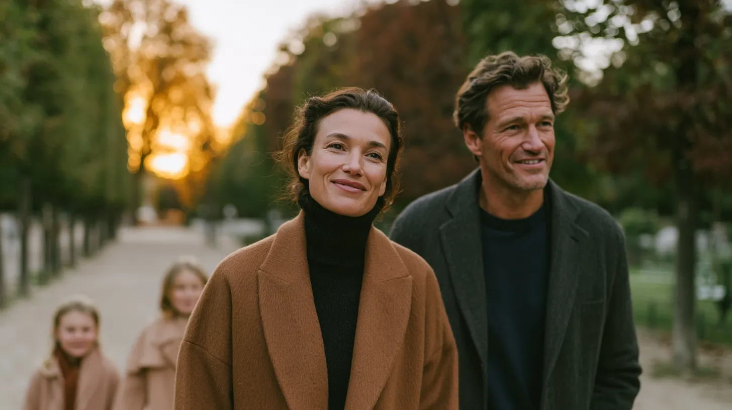 Un couple souriant en manteaux marche dans un parc automnal avec deux enfants flous en arrière-plan.