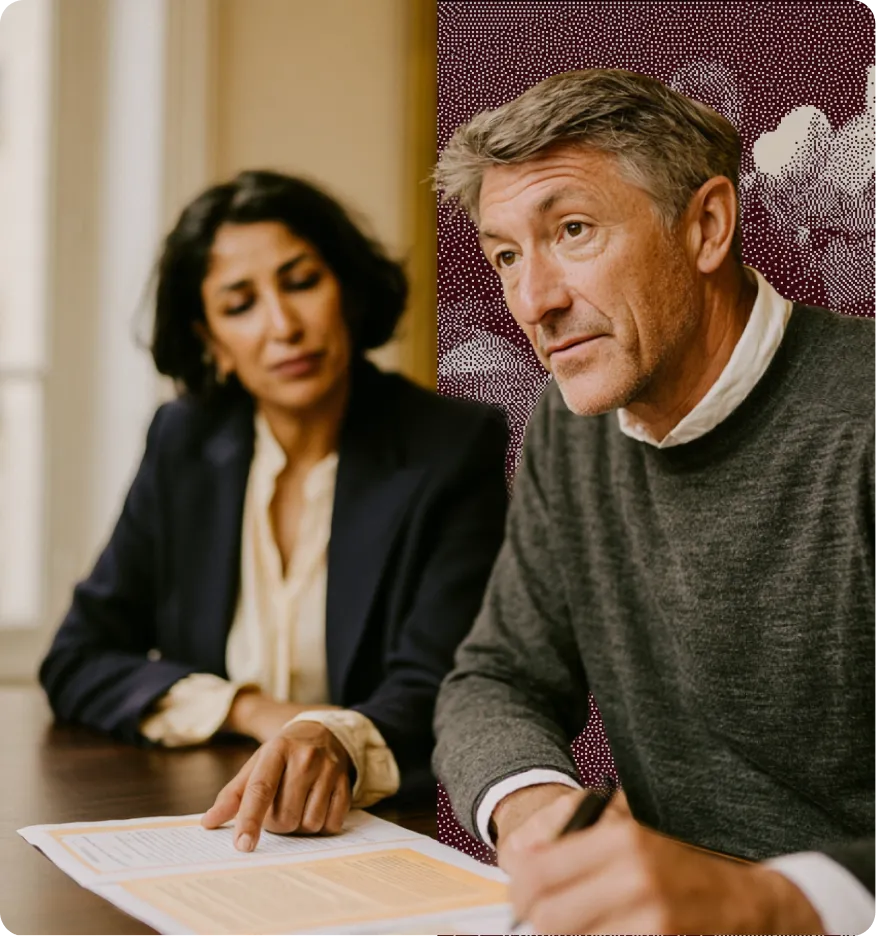 Un homme signe un document pendant qu'une femme en costume l'observe et pointe sur la page.