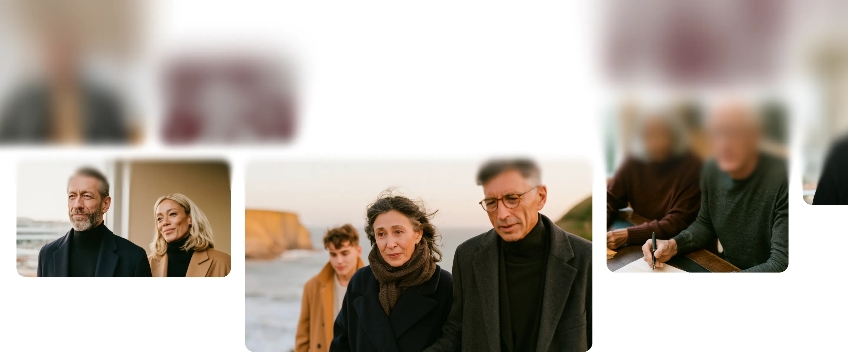 Quatre adultes marchant près de la mer, vêtus d'habits chauds en automne ou hiver.