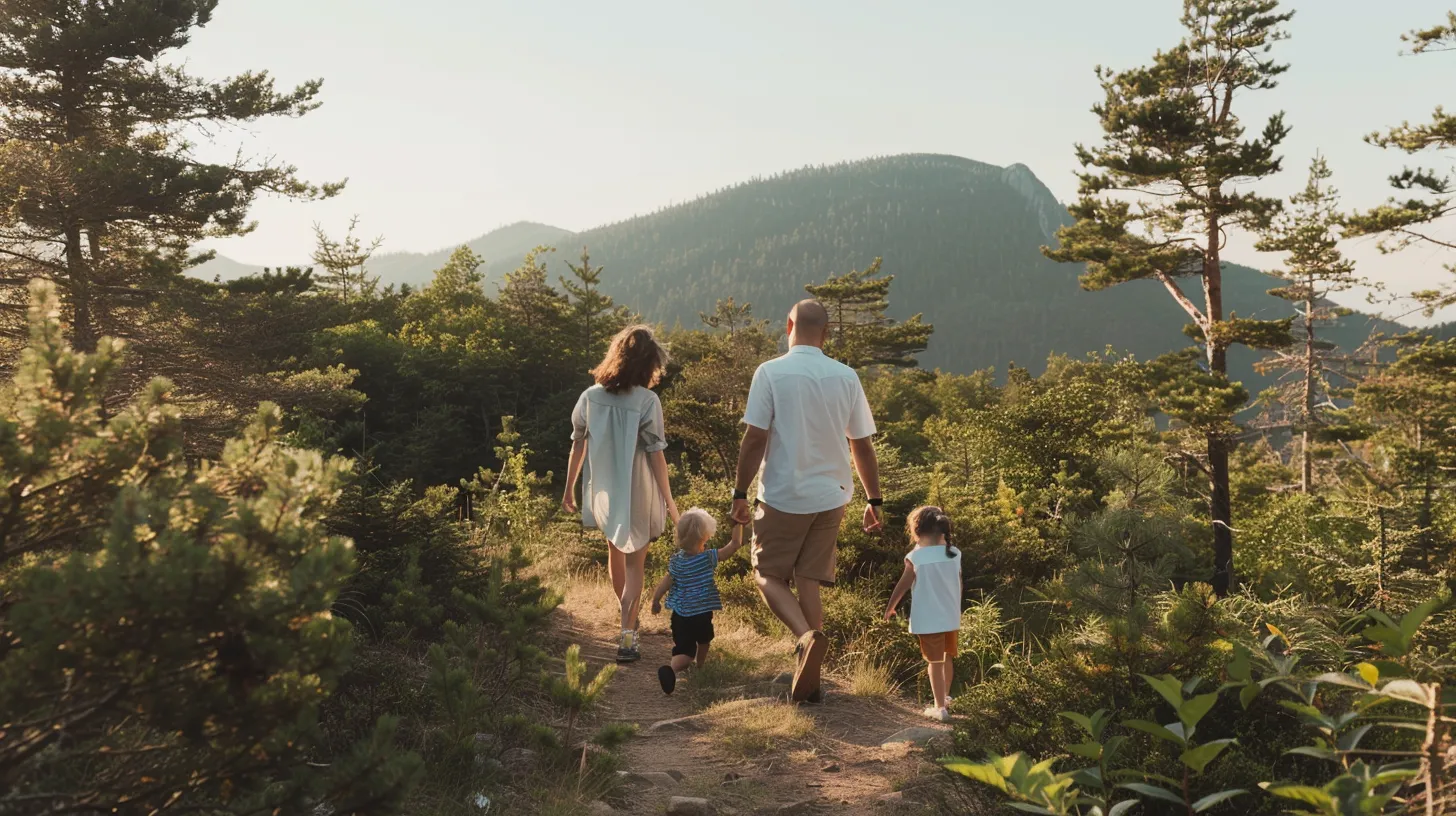 Une famille marche sur un sentier forestier avec des montagnes en arrière-plan au coucher du soleil.