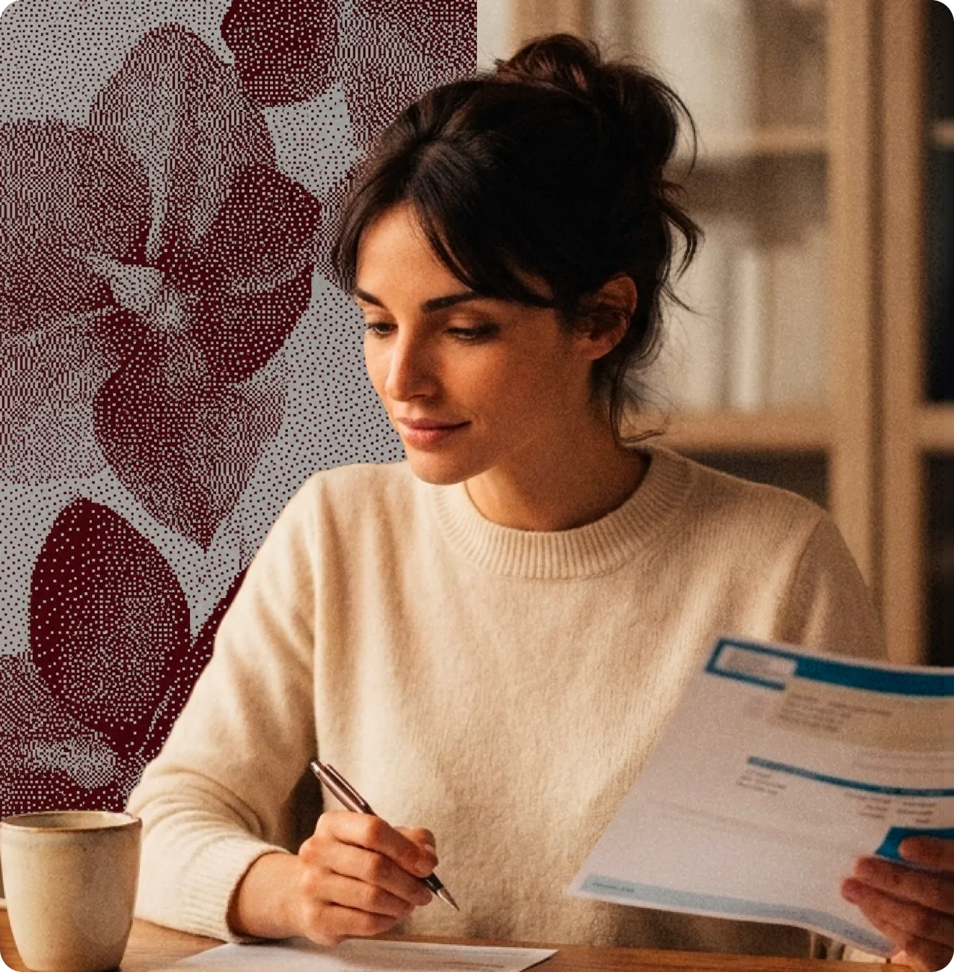 Femme concentrée écrivant avec un stylo en tenant un document, une tasse est posée sur la table.
