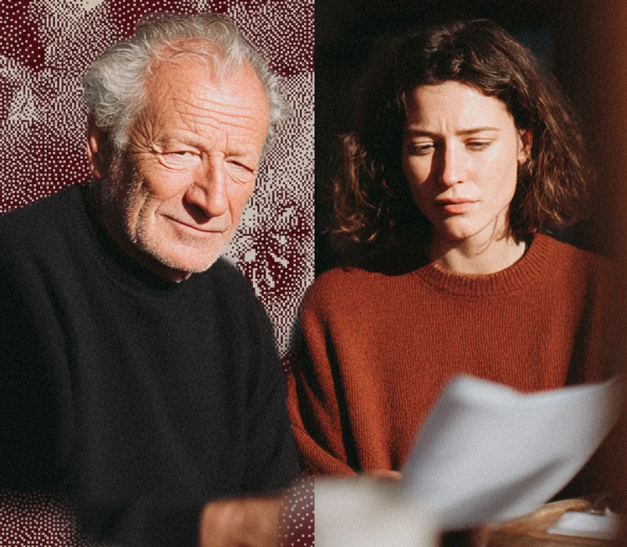 Un homme âgé en pull noir et une femme en pull rouge lisent un document ensemble.