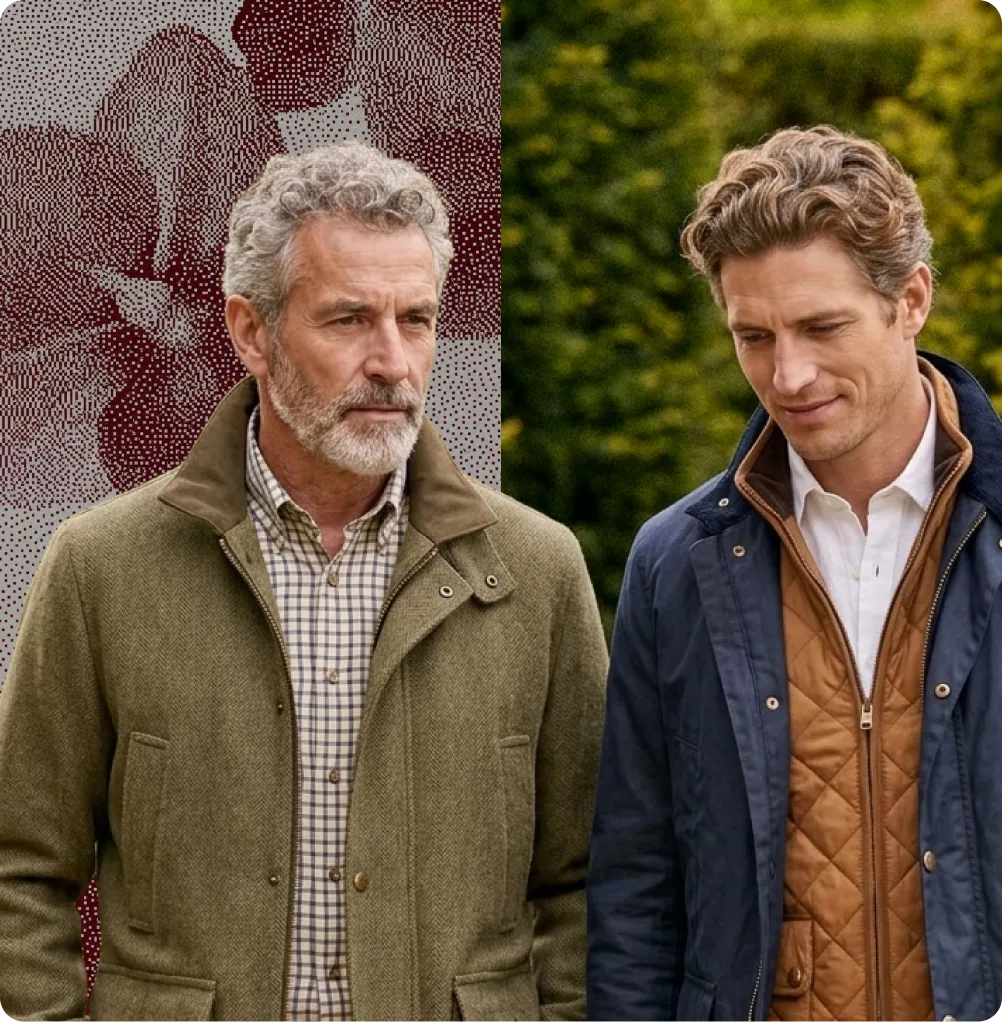 Deux hommes vêtus de vestes élégantes, l'un à col vert olive, l'autre bleu marine, posant dehors.