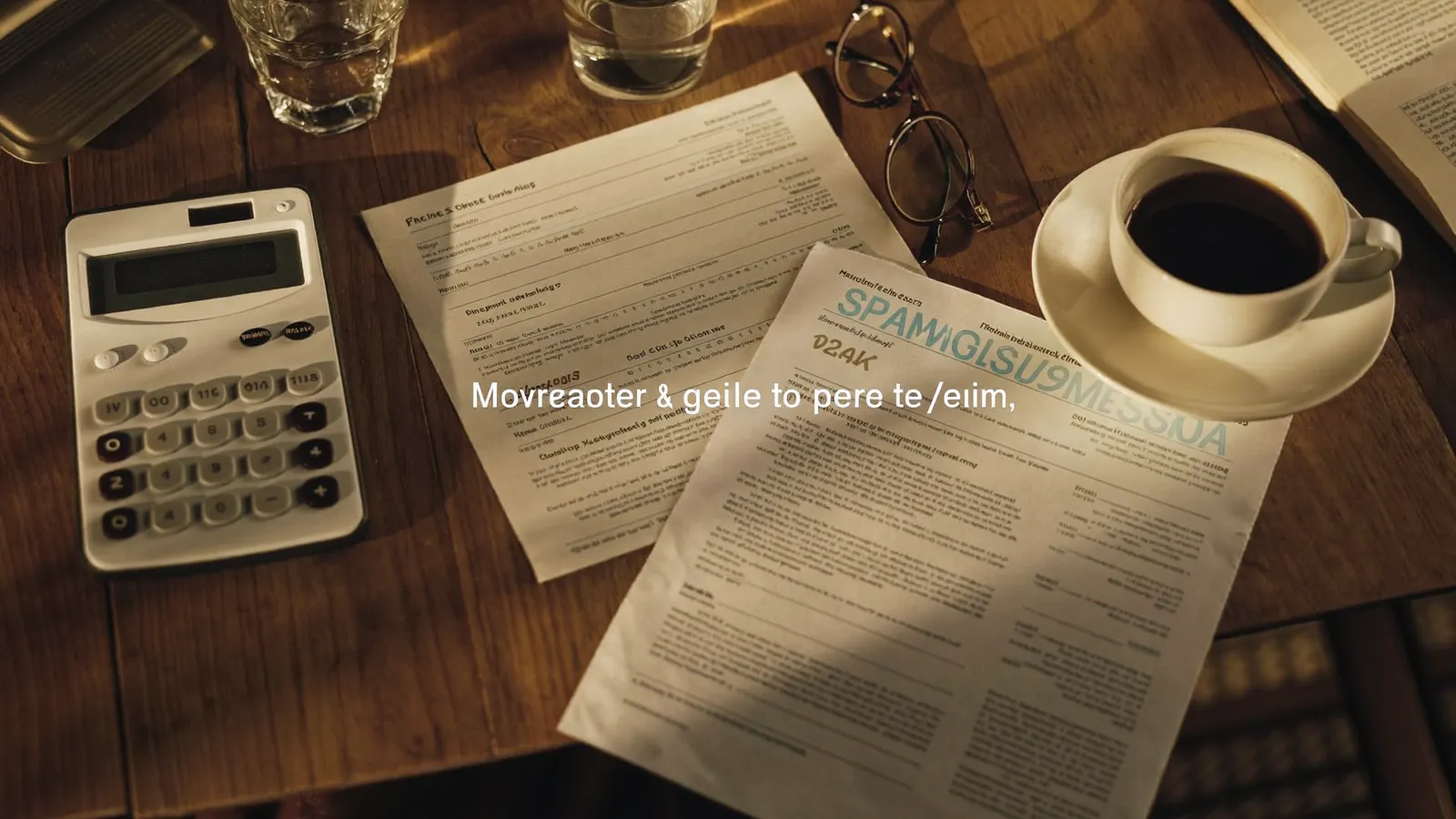 Relevés hypothécaires et calculatrice sur une table de cuisine