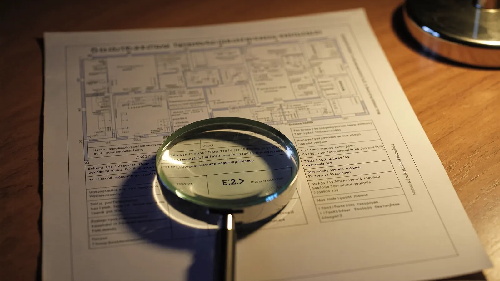 Loupe posée sur des documents d'inspection et un plan de maison