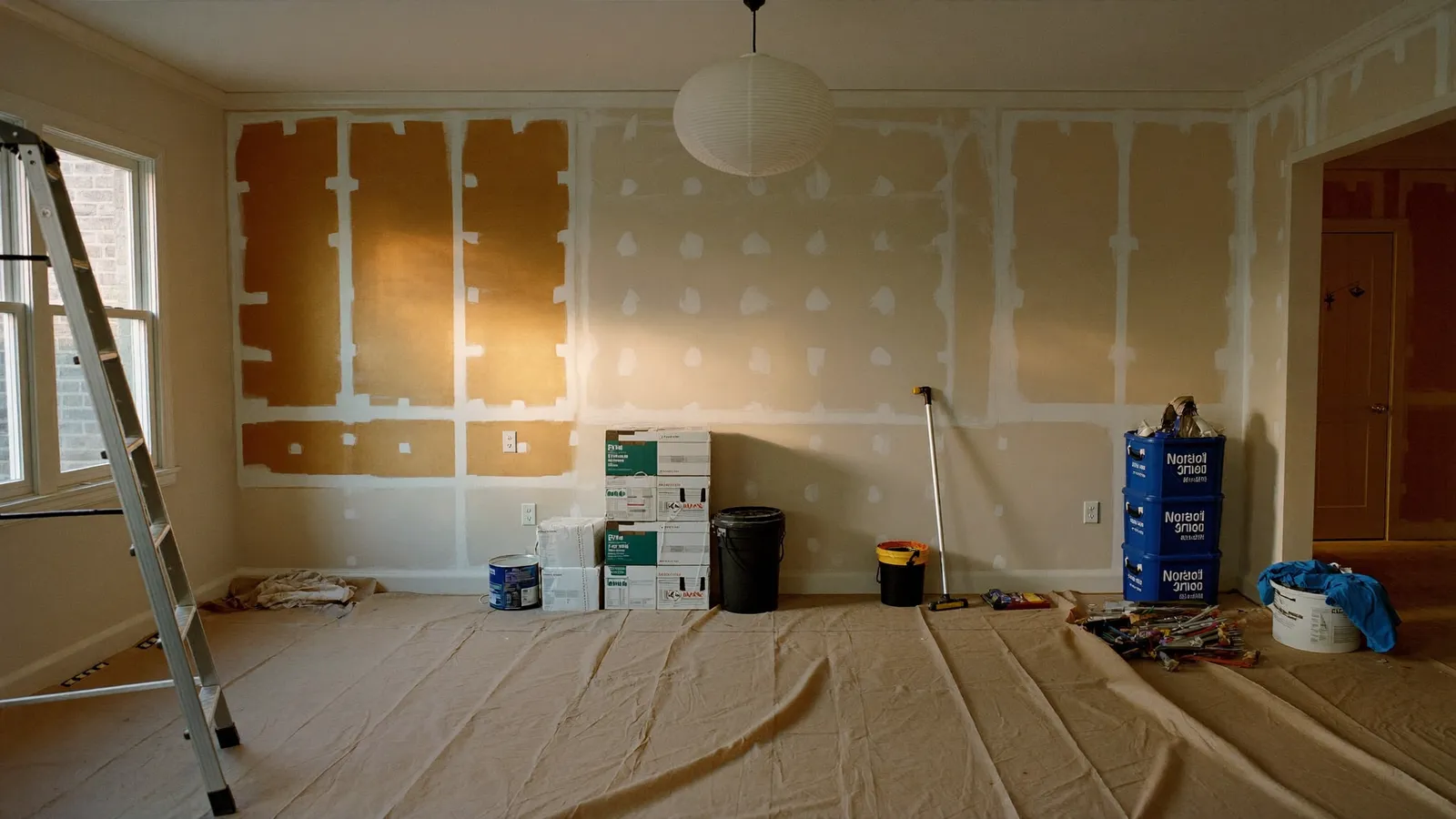Intérieur de maison en pleine rénovation, outils et escabeau