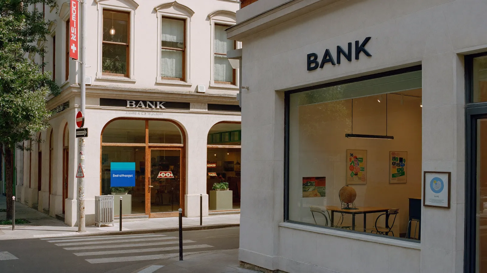 Coin de rue avec succursale bancaire et bureau de professionnel
