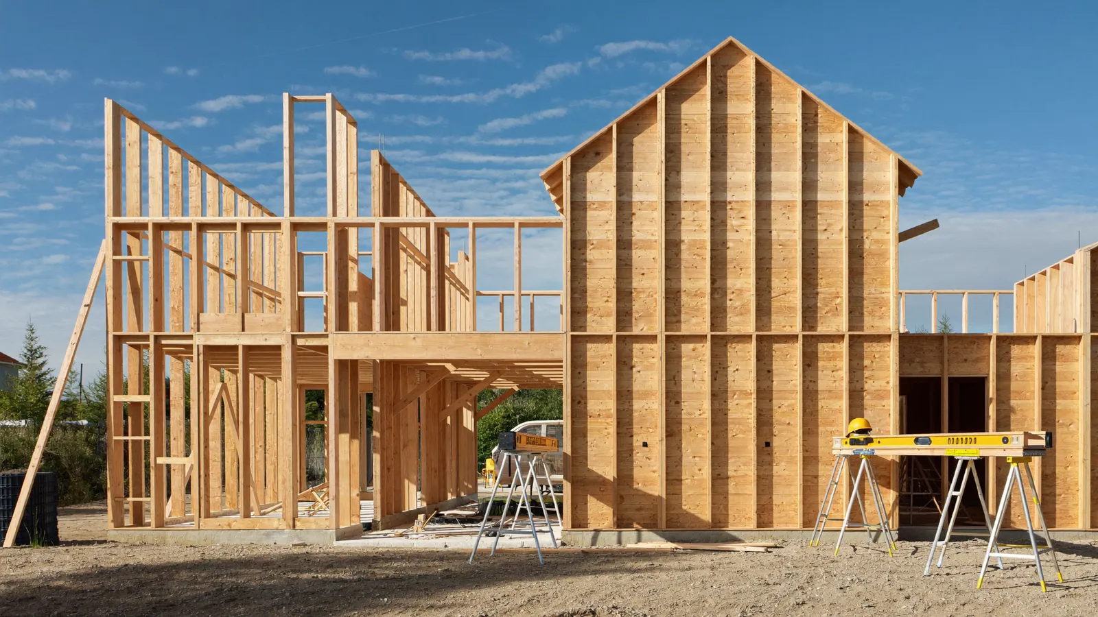Charpente de maison neuve en bois sous un ciel bleu