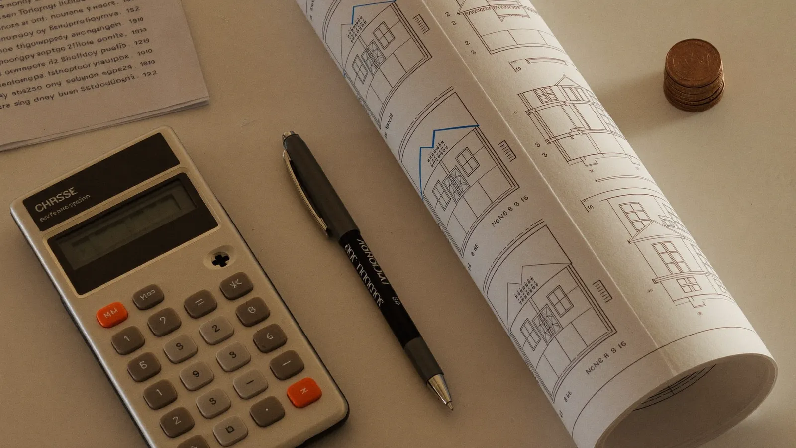 Plan de maison roulé, calculatrice et pièces sur un bureau