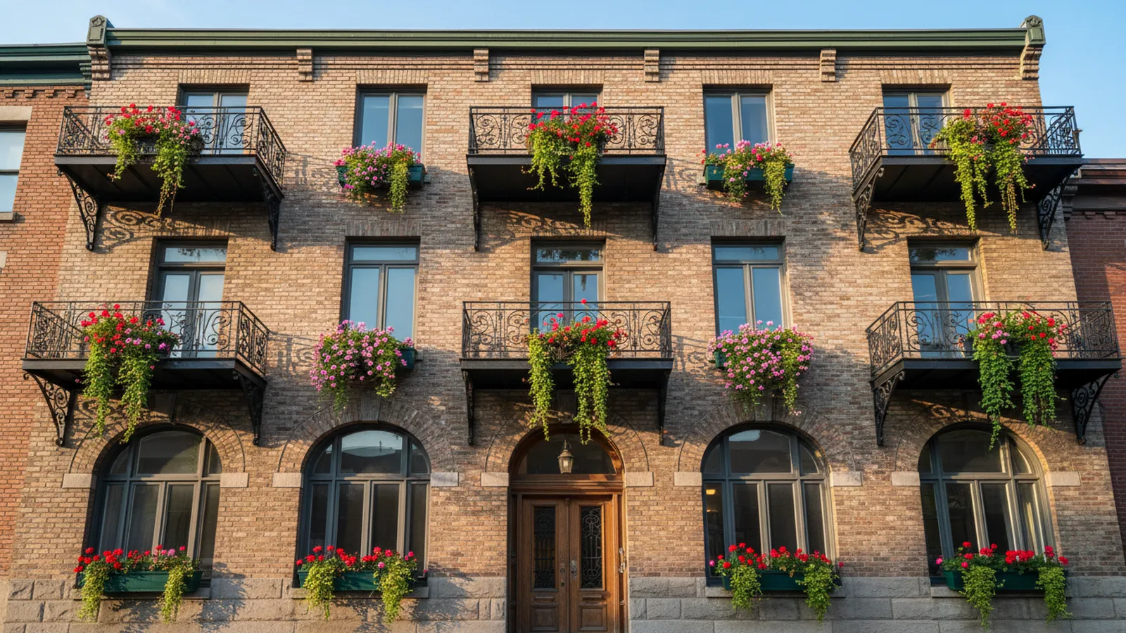 Façade d'immeuble montréalais avec avis sur une table