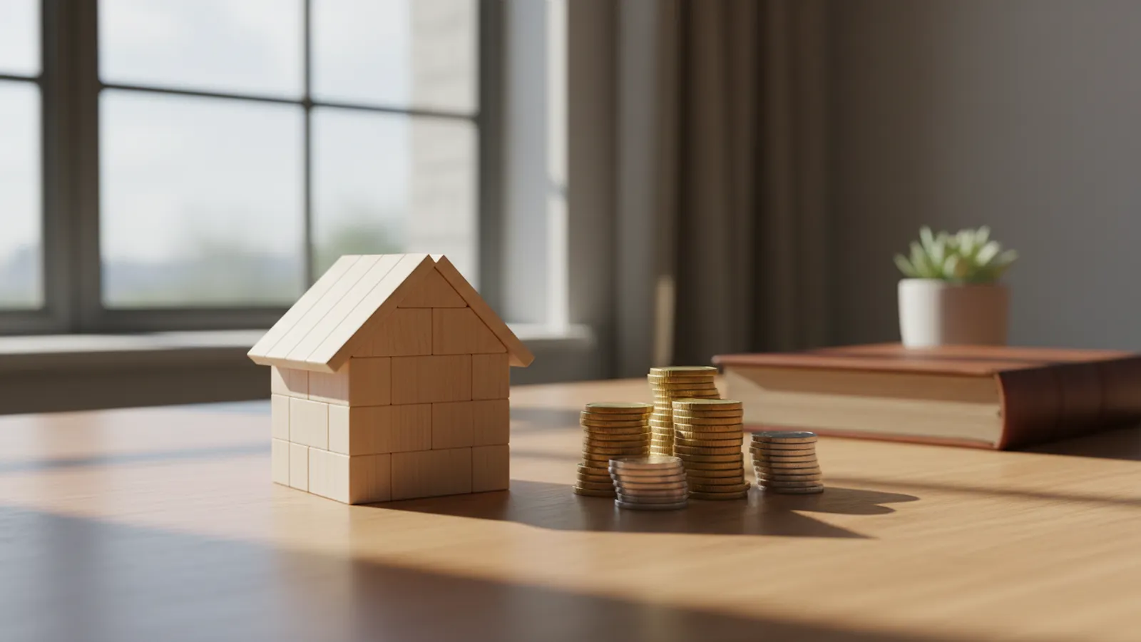 Maison miniature en bois à côté de piles de pièces sur un bureau
