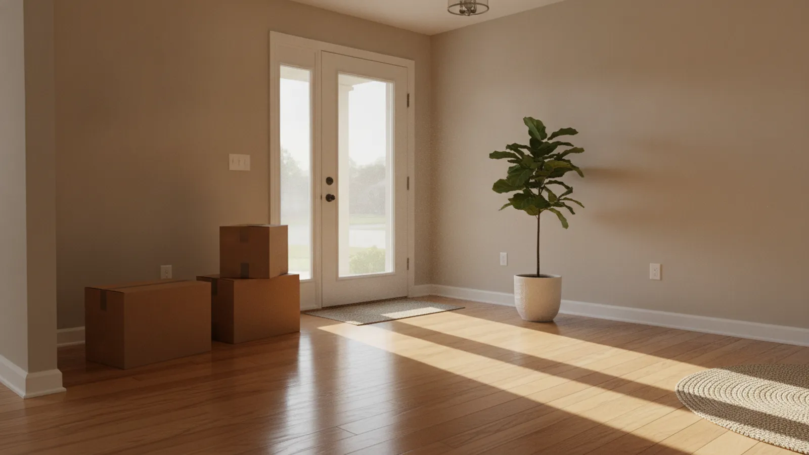 Entrée lumineuse d'une première maison avec boîtes de déménagement