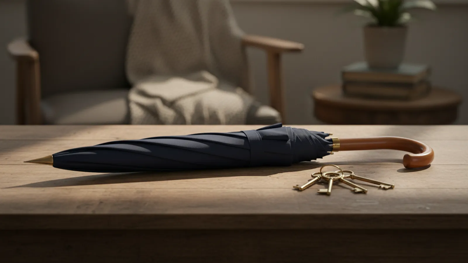 Parapluie posé près de clés de maison sur une table de bois