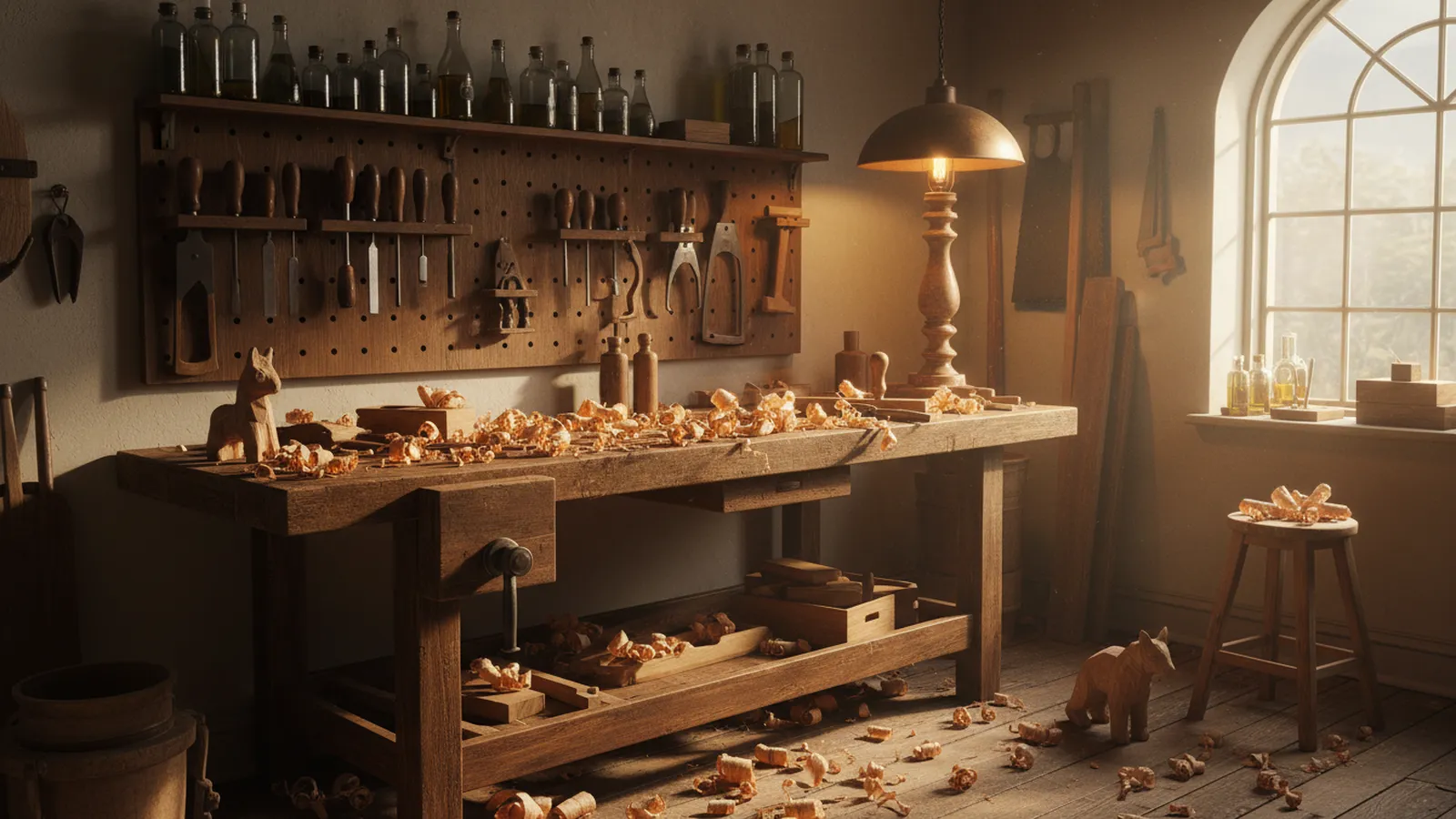 Atelier d'artisan avec établi et outils sous une lumière chaude