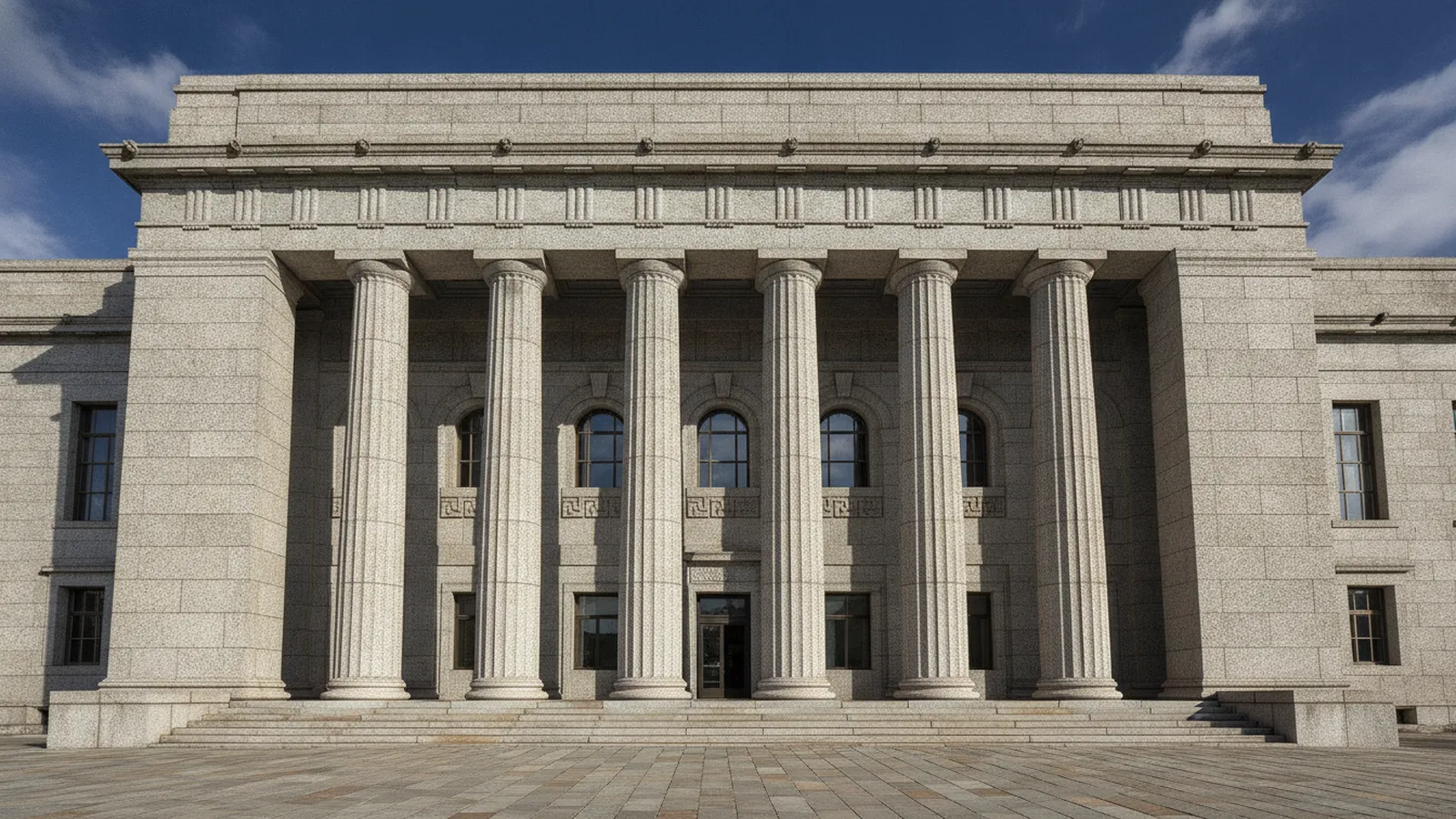 Façade de pierre à colonnes d'un édifice bancaire
