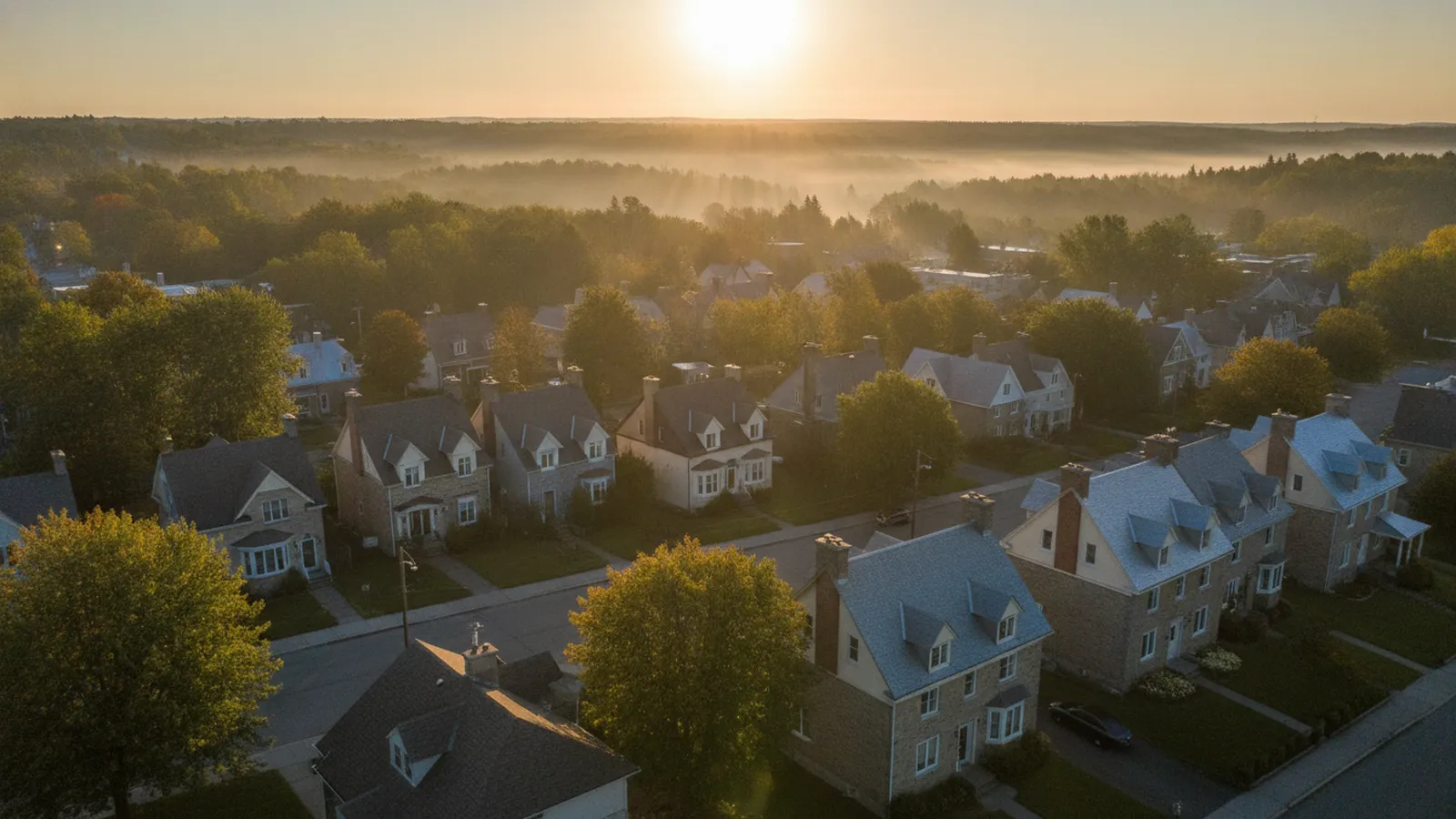 Lever de soleil sur les toits d'un quartier résidentiel québécois