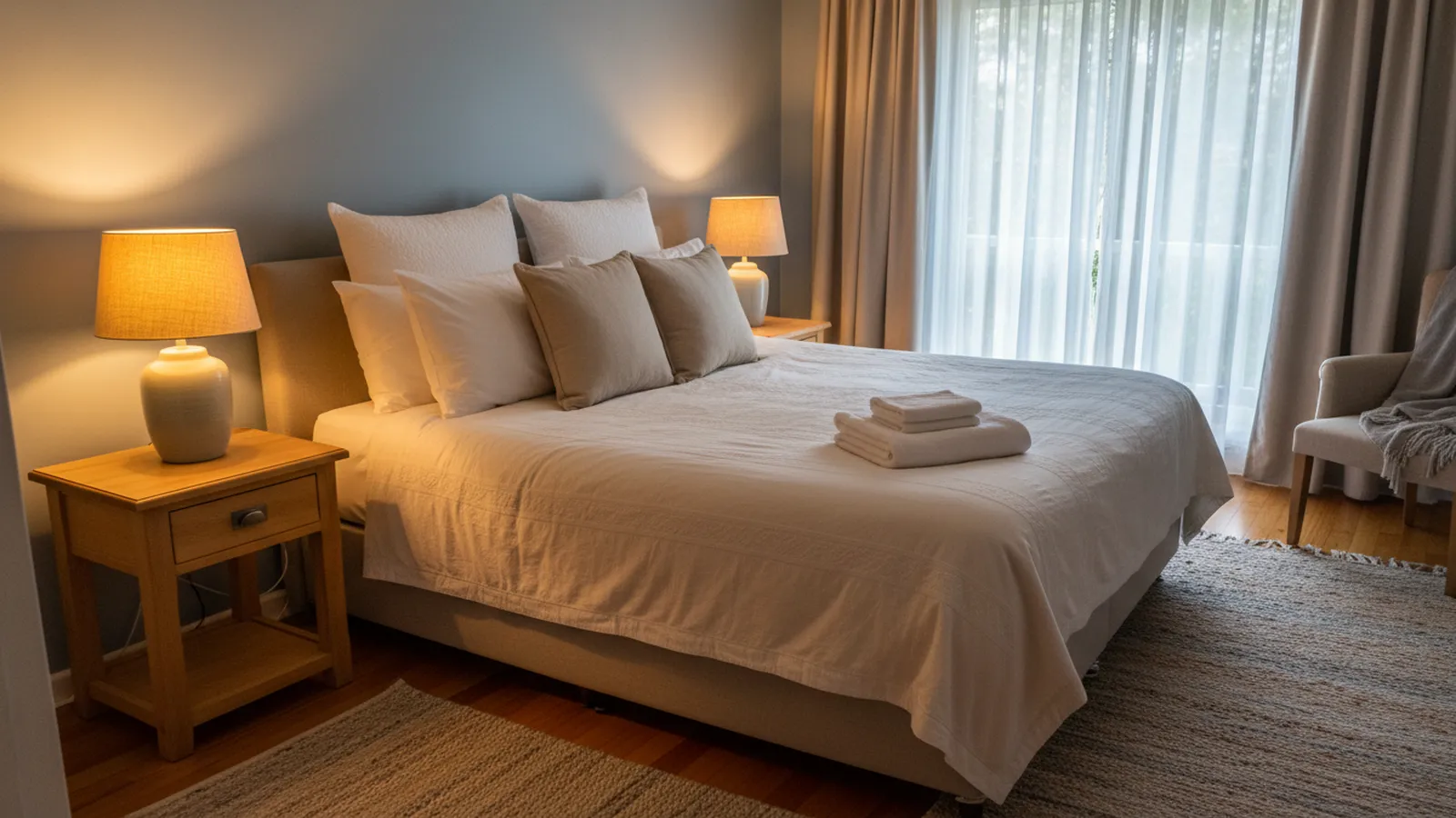 Chambre d'invités soignée avec lit fait et serviettes pliées