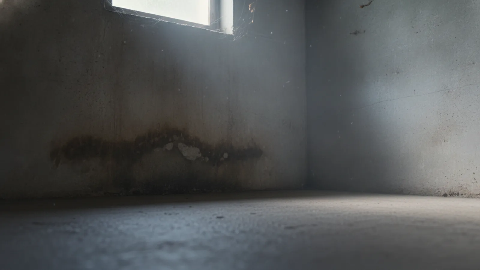 Coin de mur de sous-sol en béton avec trace d'humidité
