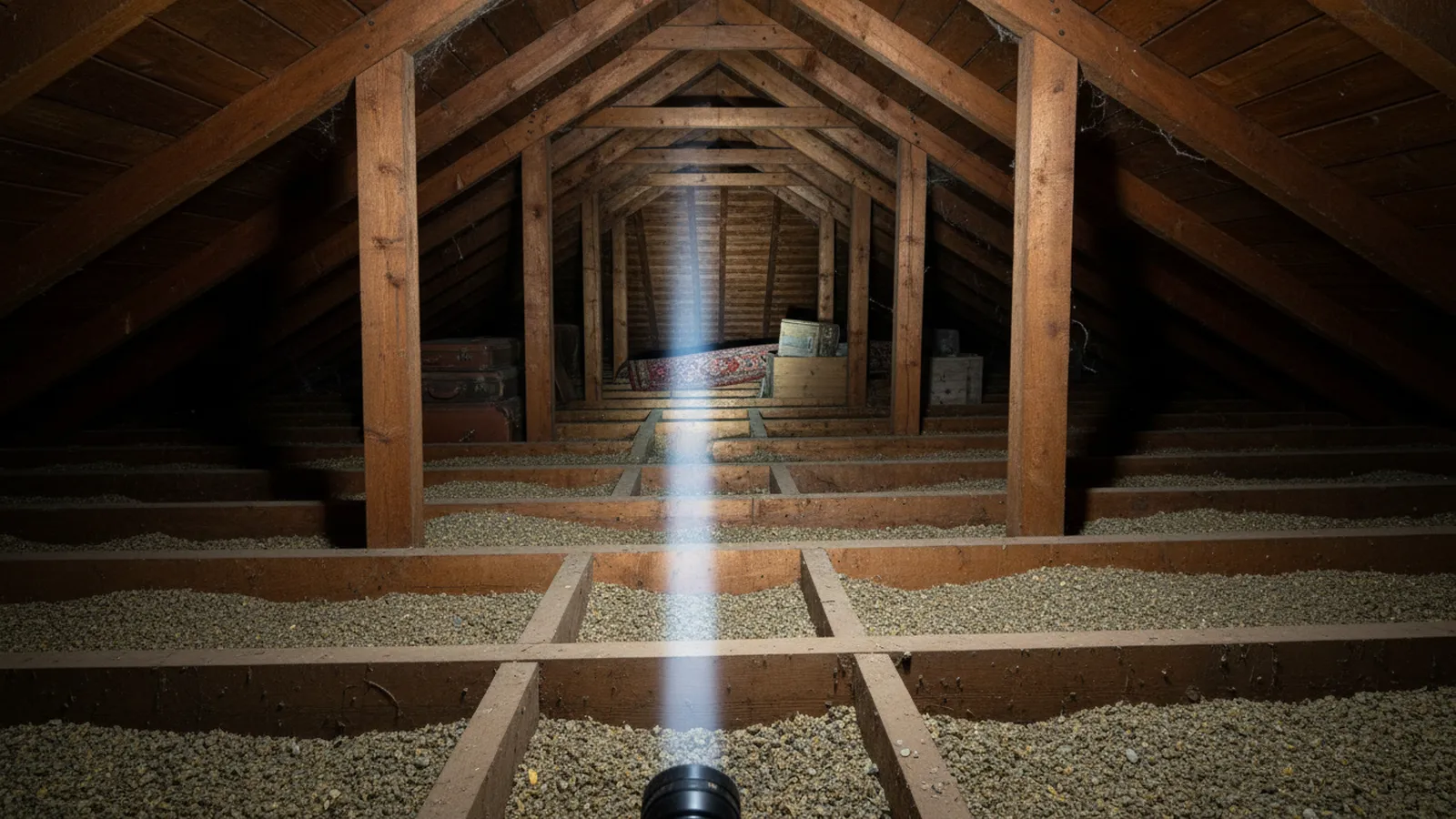 Entretoit aux poutres de bois avec isolant granulaire entre les solives