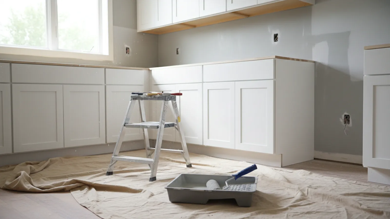 Cuisine en rénovation avec armoires blanches et outils de peinture