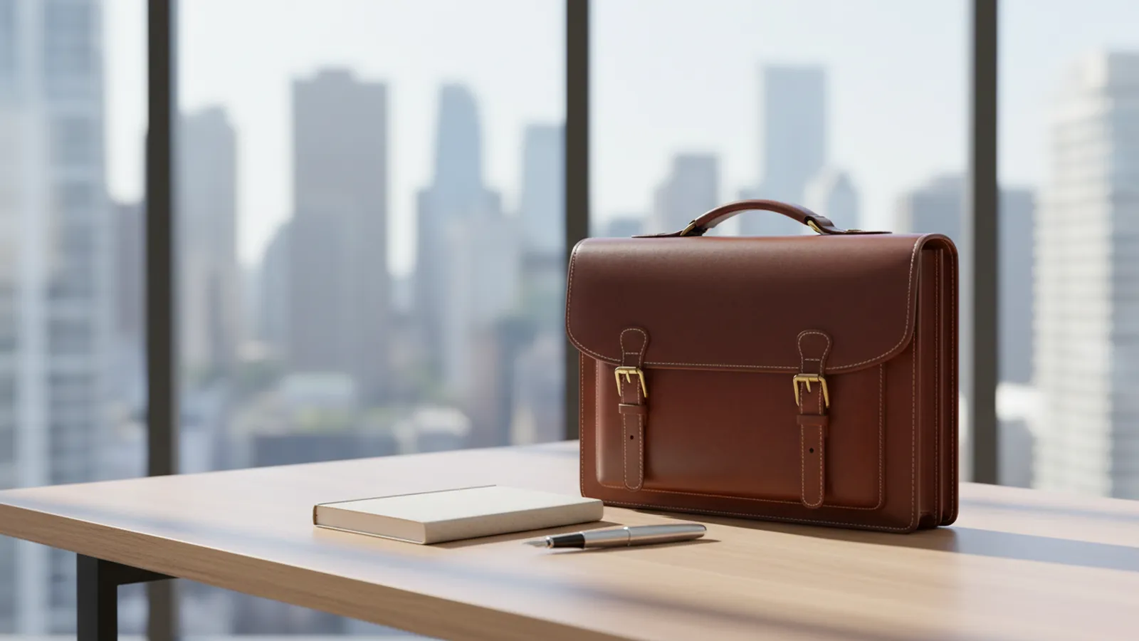 Porte-documents et carnet sur un bureau d'un bureau moderne lumineux